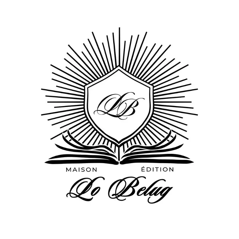 LoBelug_maisonEdition Logo pour une maison d'édition représentant un livre, un blason avec les lettres LB et des rayons lumineux derrière le blason. Un logo qui représente l'élégance
